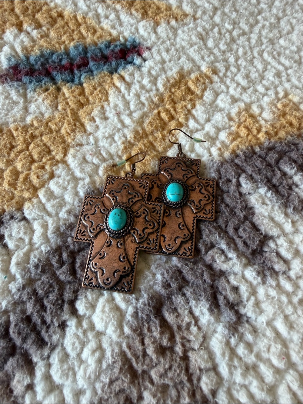 Turquoise-Accent Cross Drop Earrings - Western-Inspired